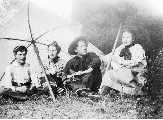 William T. Ridgley, his future wife Josephine Trigg, Charlie, and Nancy Russell camping on the Dearborn River Ridgley, Trigg, and the Russells